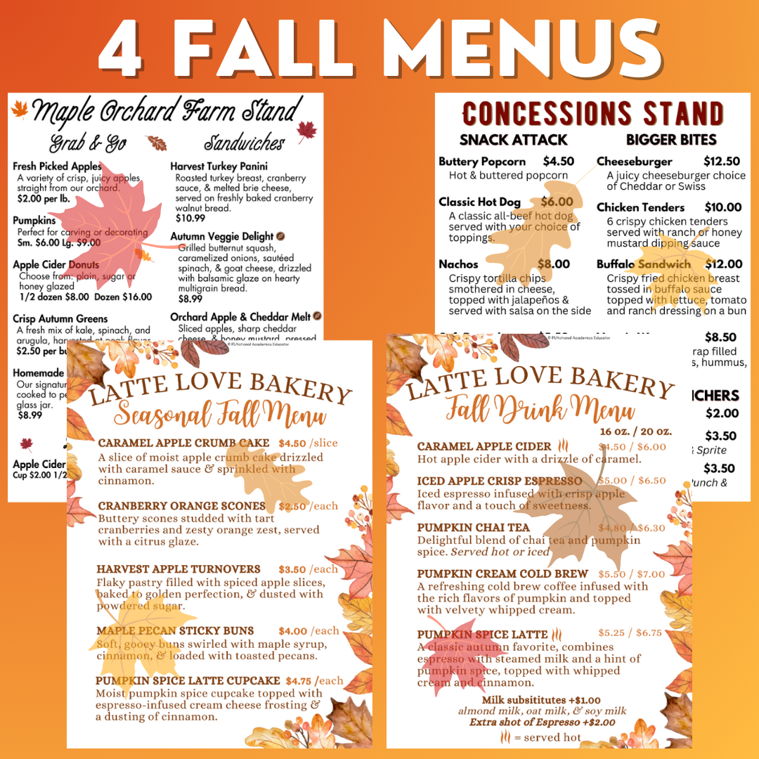 Fall Menus BUNDLE 1 - Reading Menus & Menu Math - Life Skills