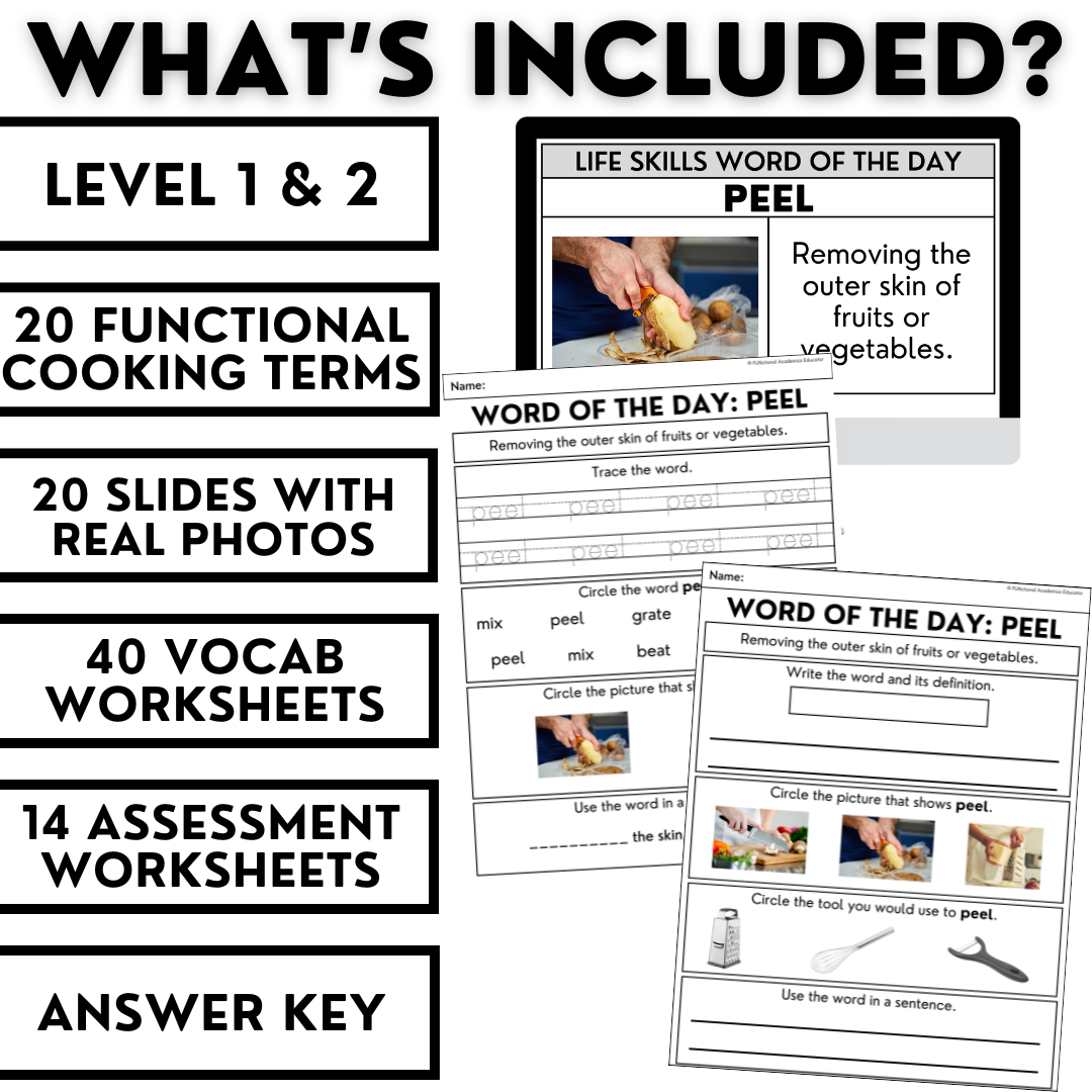 Cooking Vocabulary Bundle - Life Skills Word of the Day Level 1 & 2