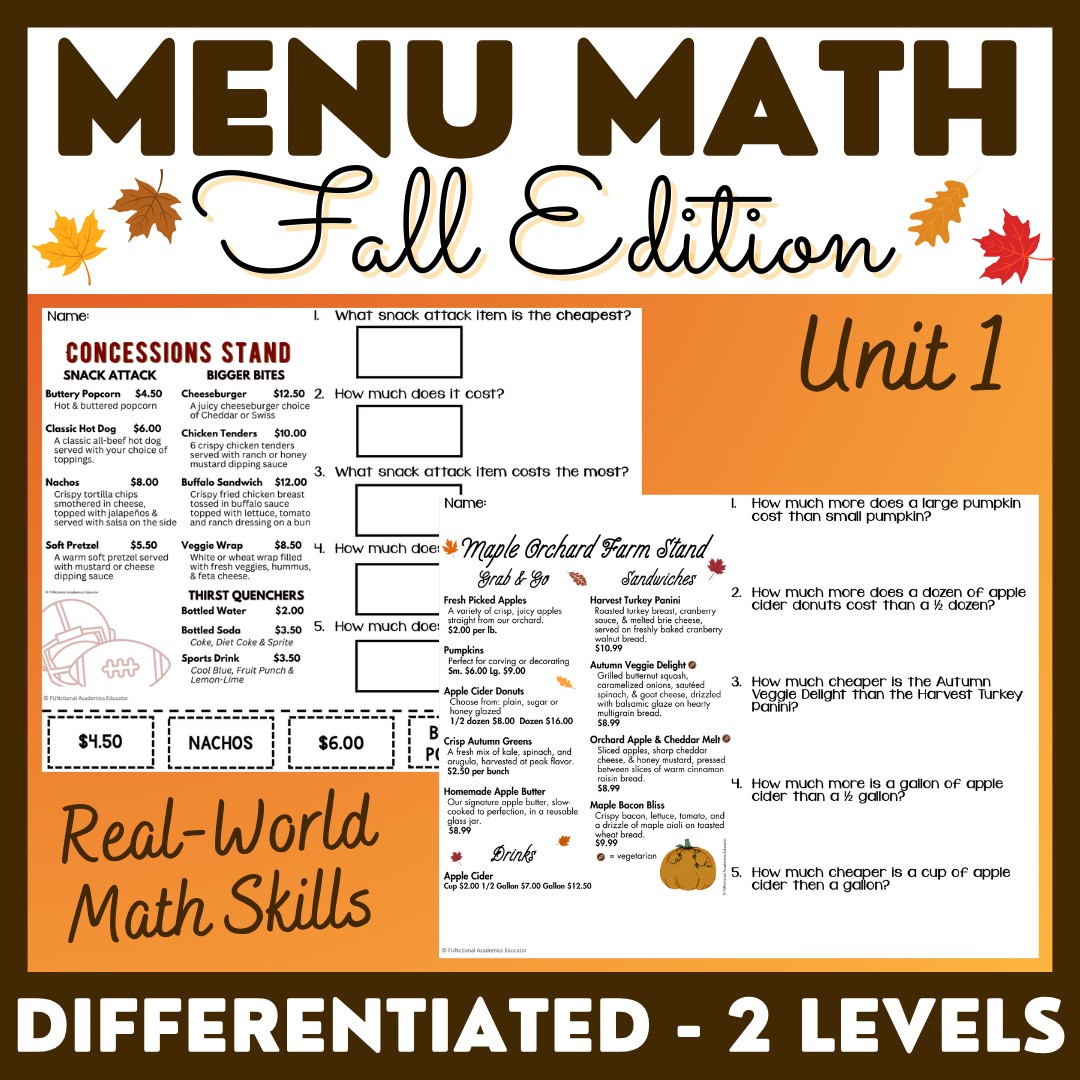 Fall Menu Math Unit 1 - Calculating Total & Change Back - Life Skills