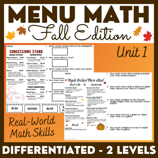 Fall Menu Math Unit 1 - Calculating Total & Change Back - Life Skills