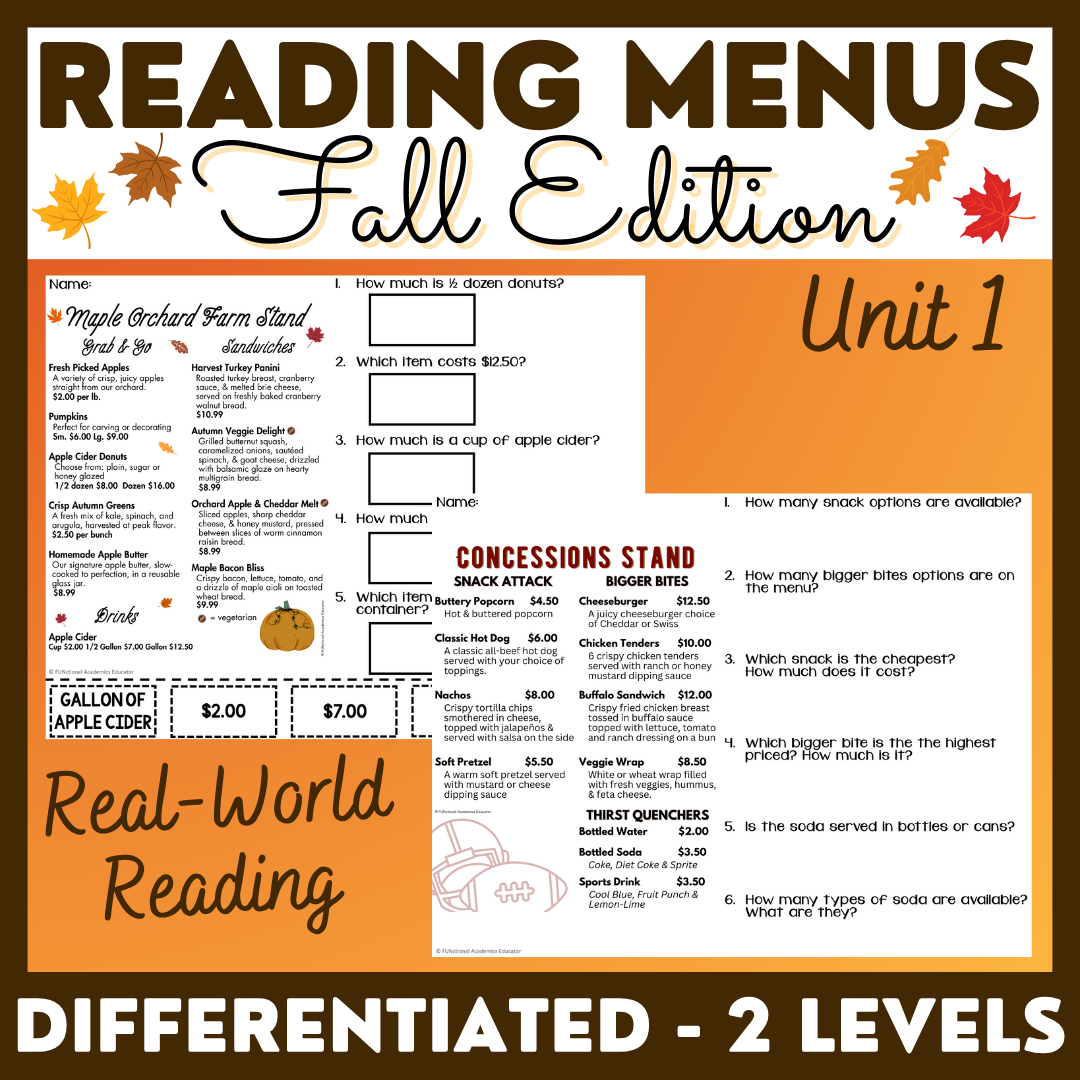 Reading Fall Menus Unit 1 - Functional Reading – FUNctional Academics ...